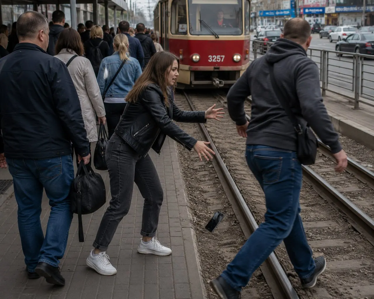 Женщина рассказала, что её толкнули в узком проходе на остановке у ТРЦ «Пионер», в результате телефон выпал на трамвайные рельсы. Устройство не пострадало, а предполагаемый обидчик ушёл.