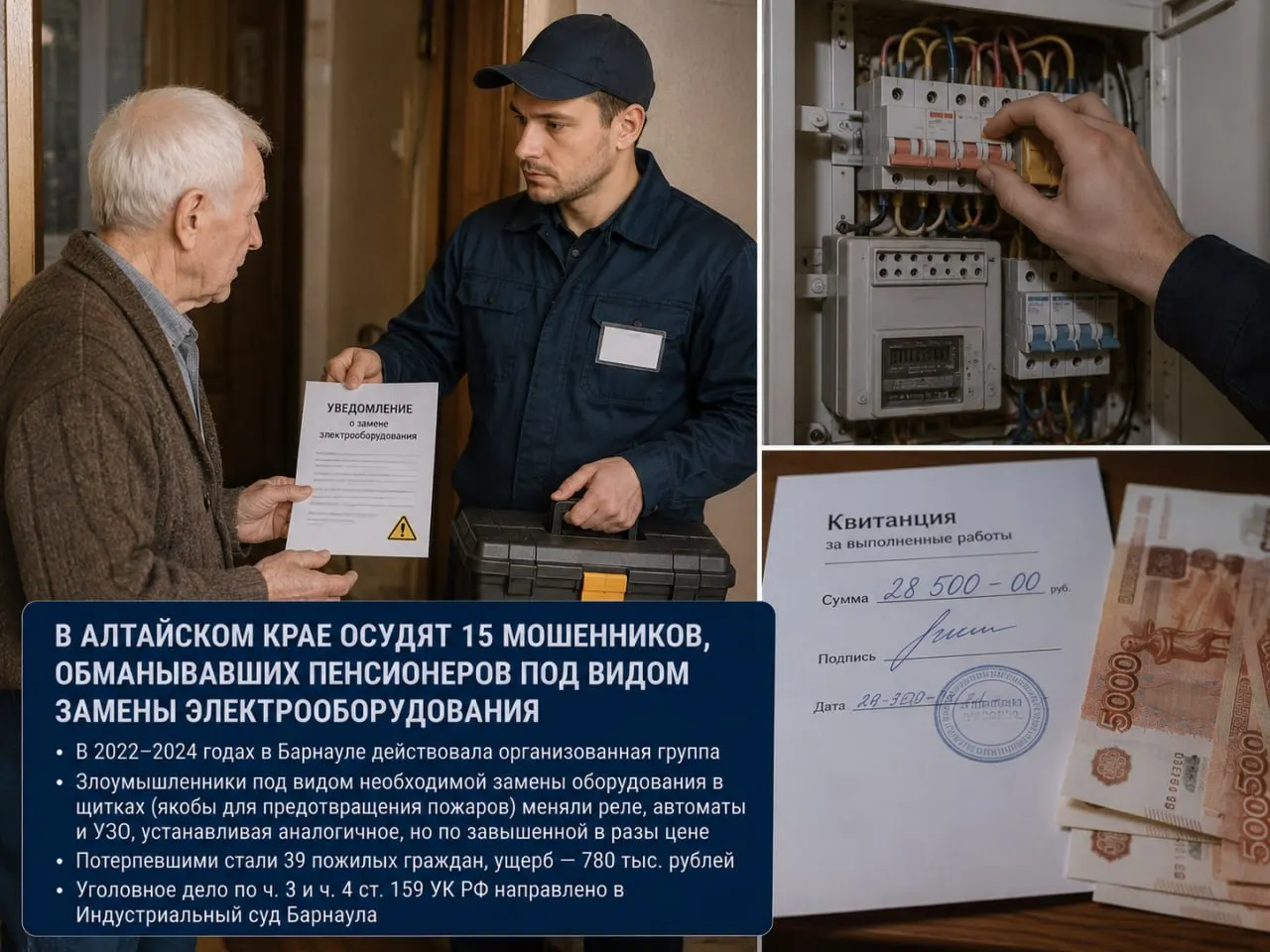 В Алтайском крае завершено расследование: обвиняемые предлагали пенсионерам заменить электрооборудование и брали завышенную плату. По данным прокуратуры, пострадали 39 человек, общий ущерб — 780 тысяч рублей. Дело направлено в суд.