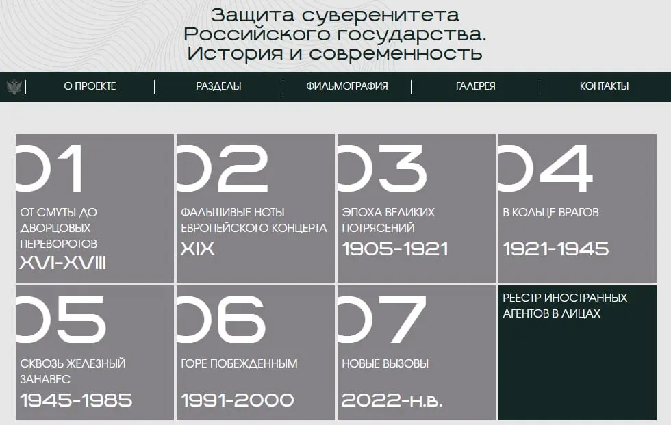 На сайте министерства опубликована интерактивная экспозиция, разделённая на восемь эпох. В завершающем разделе — карточки людей и организаций, официально признанных иностранными агентами.