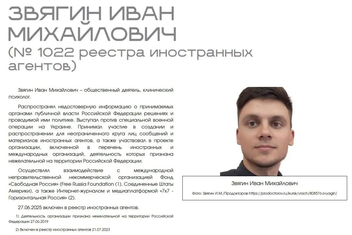 Иван Звягин требует возмещения за «умаление достоинства» и профессиональную дискриминацию после публикации раздела о признанных иностранными агентами на сайте ведомства.