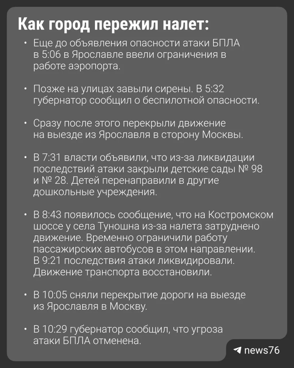 По данным региональных служб, по Ярославской области нанесена атака беспилотниками: задействовано 67 БПЛА; обломки попали в автобус, погиб один человек и 27 пострадали.
