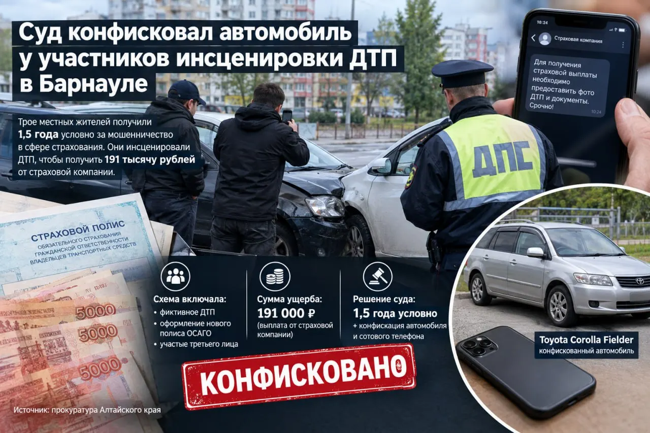 Центральный районный суд Барнаула признал троих местных жителей виновными в страховом мошенничестве и назначил каждому условный срок по полтора года. Расследование показало инсценировку аварии и оформление документов на выплату страховой компанией.